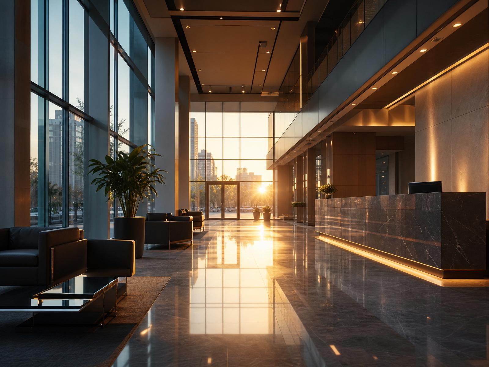 Modern commercial office lobby with polished marble floors and floor-to-ceiling windows at golden hour