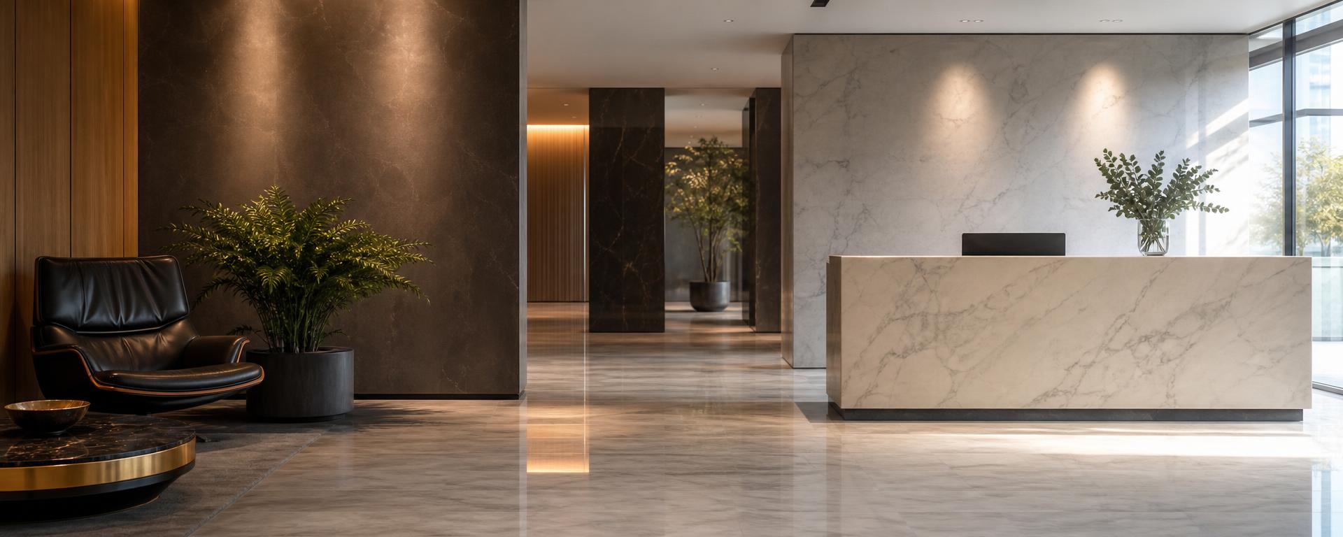 Modern commercial office lobby with polished marble reception desk, leather lounge chair and potted plants