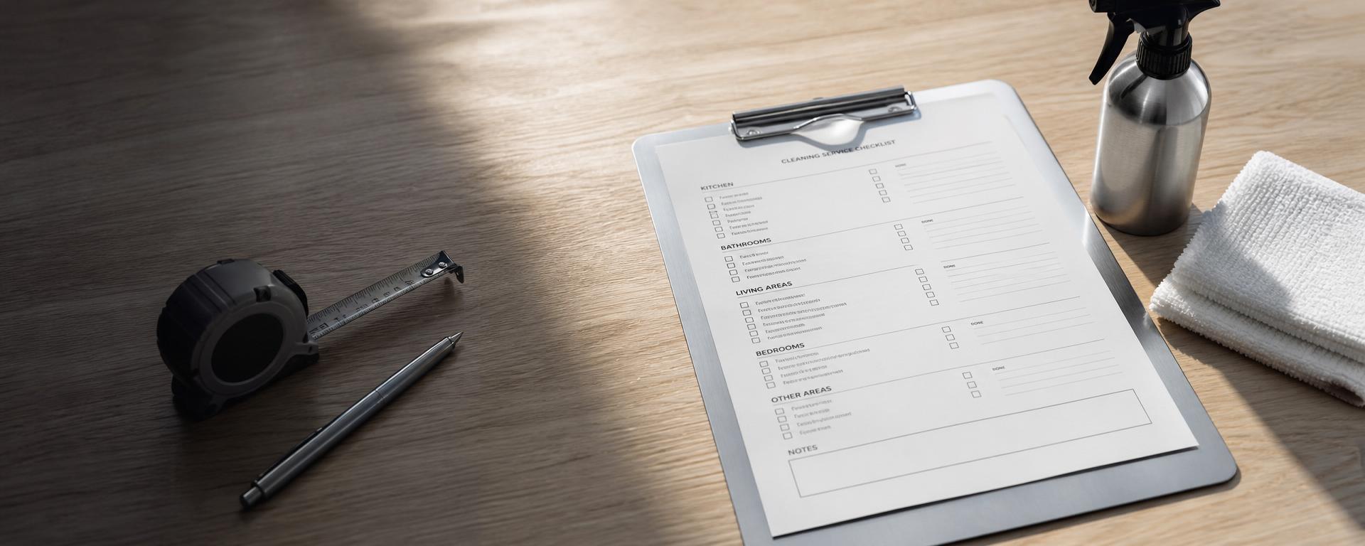 Aluminum clipboard holding a cleaning service checklist beside a stainless steel spray bottle, folded white microfiber cloths, pen and measuring tape on a wooden surface