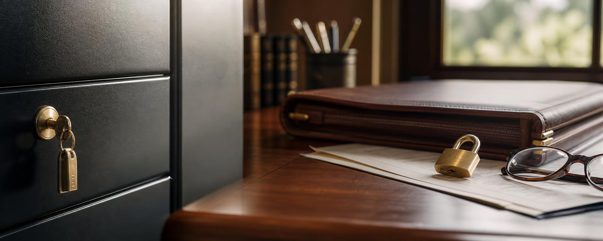 Secure wooden office desk with a dark metal filing cabinet, brass key, leather portfolio, brass padlock resting on a document and reading glasses