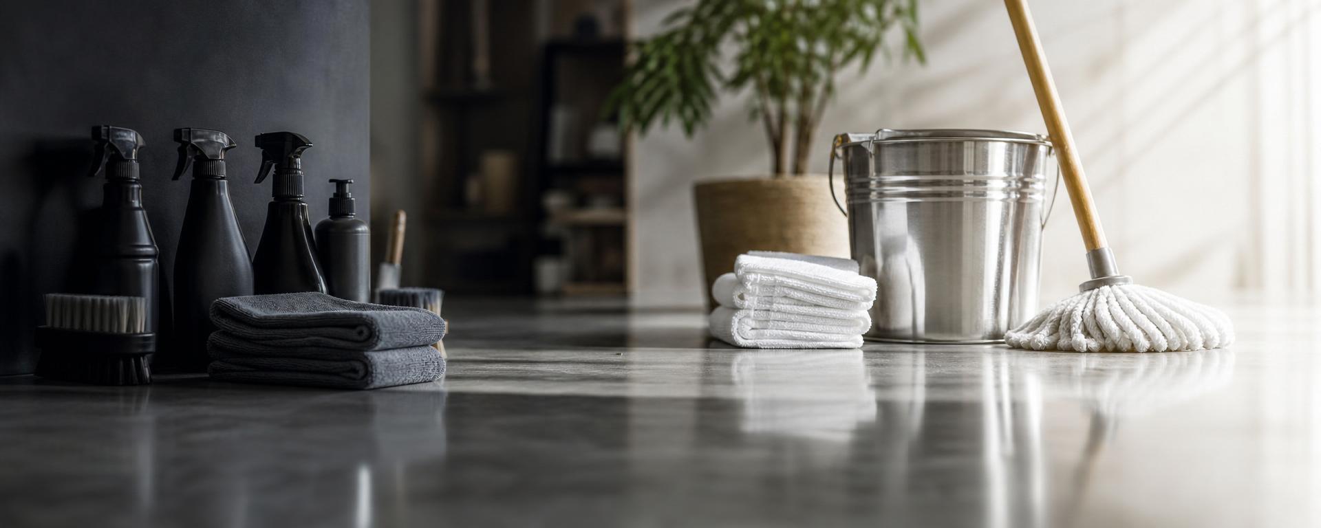 Professional commercial cleaning supplies — spray bottles, microfiber cloths, stainless steel bucket and mop on a polished surface