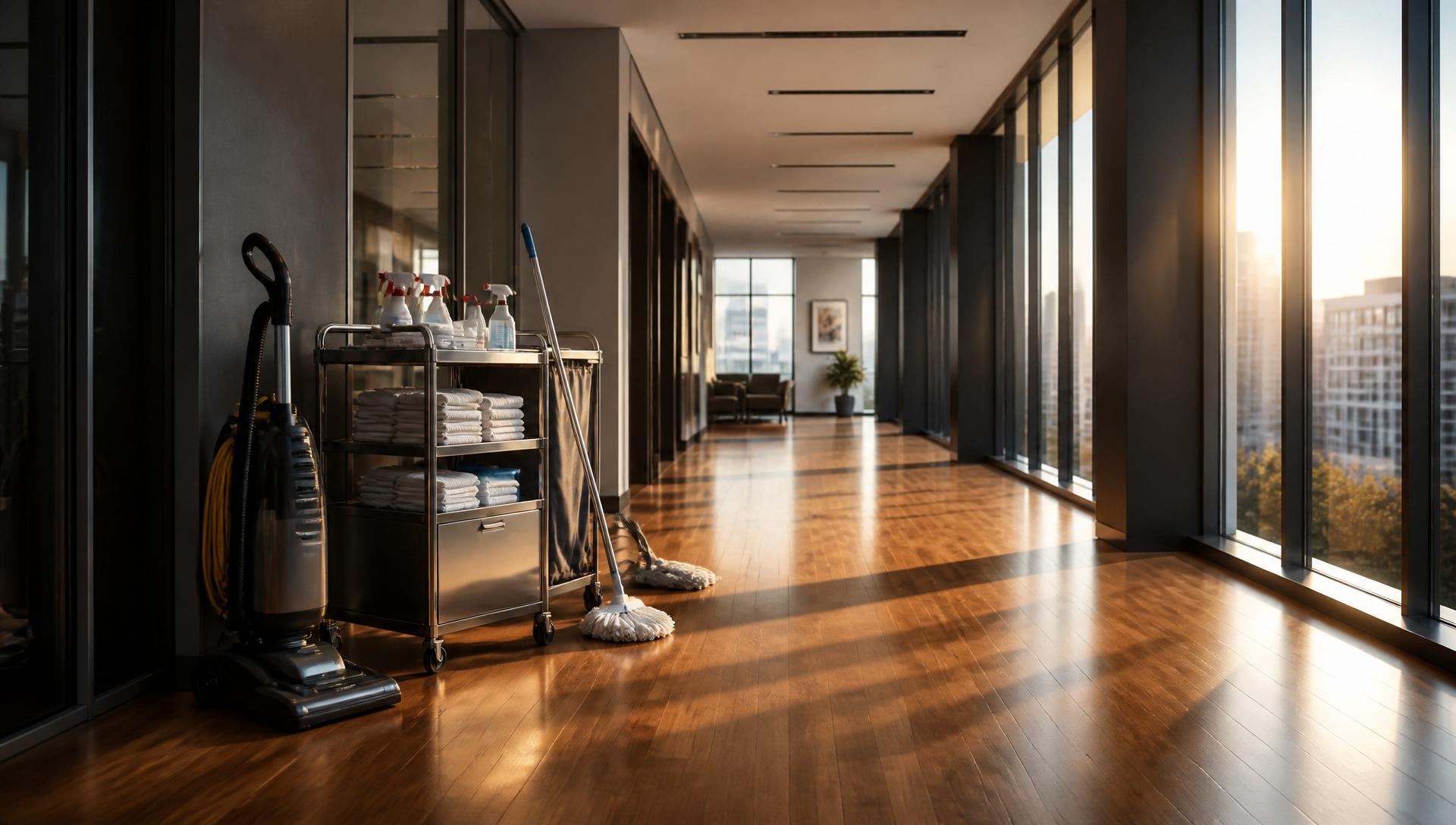 Bright modern office corridor with a professional commercial vacuum cleaner and stainless steel supply cart of microfiber cloths on polished hardwood floor