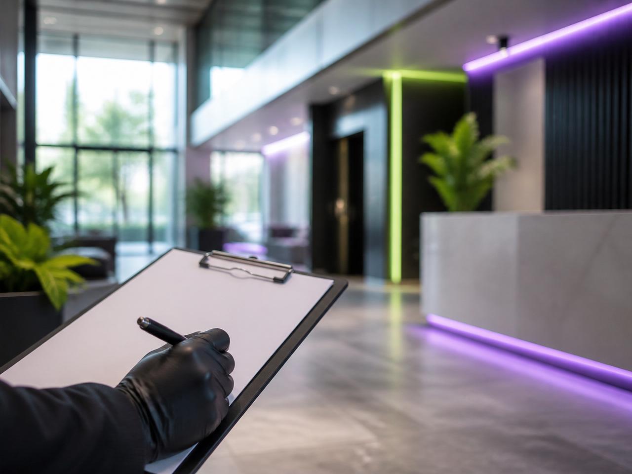 Cleaning specialist with clipboard walking through a modern commercial lobby