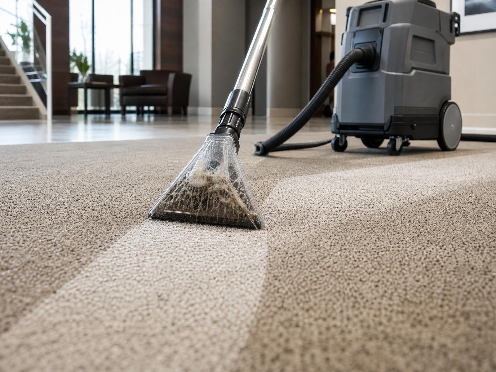 Commercial hot-water carpet extractor leaving a clean stripe across an office lobby carpet