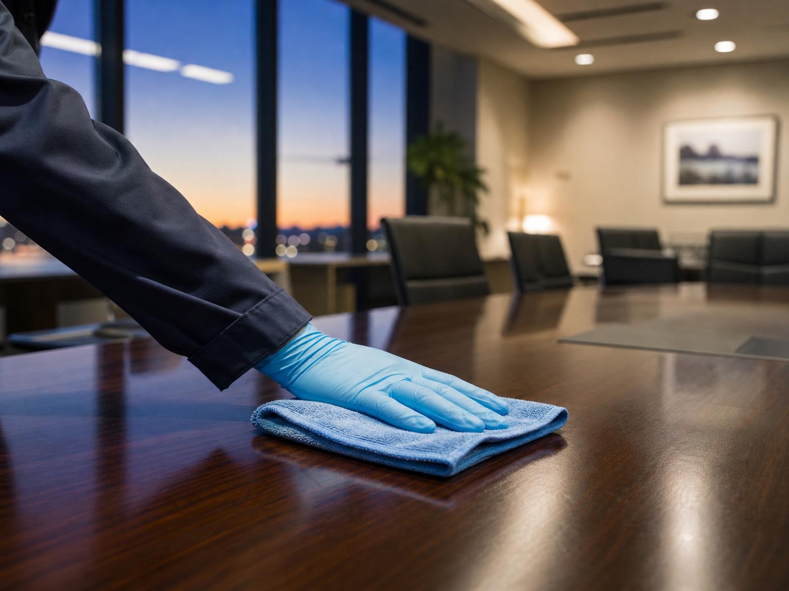 Gloved hand wiping a polished conference table with a blue microfiber cloth in a commercial office