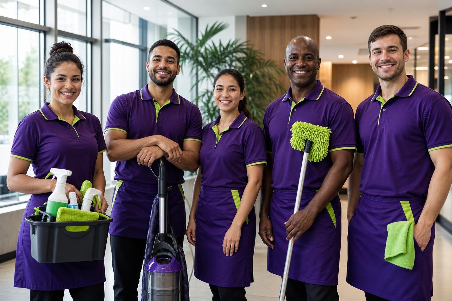 Professional janitorial staffing team wearing purple and lime uniforms smiling in a modern office lobby