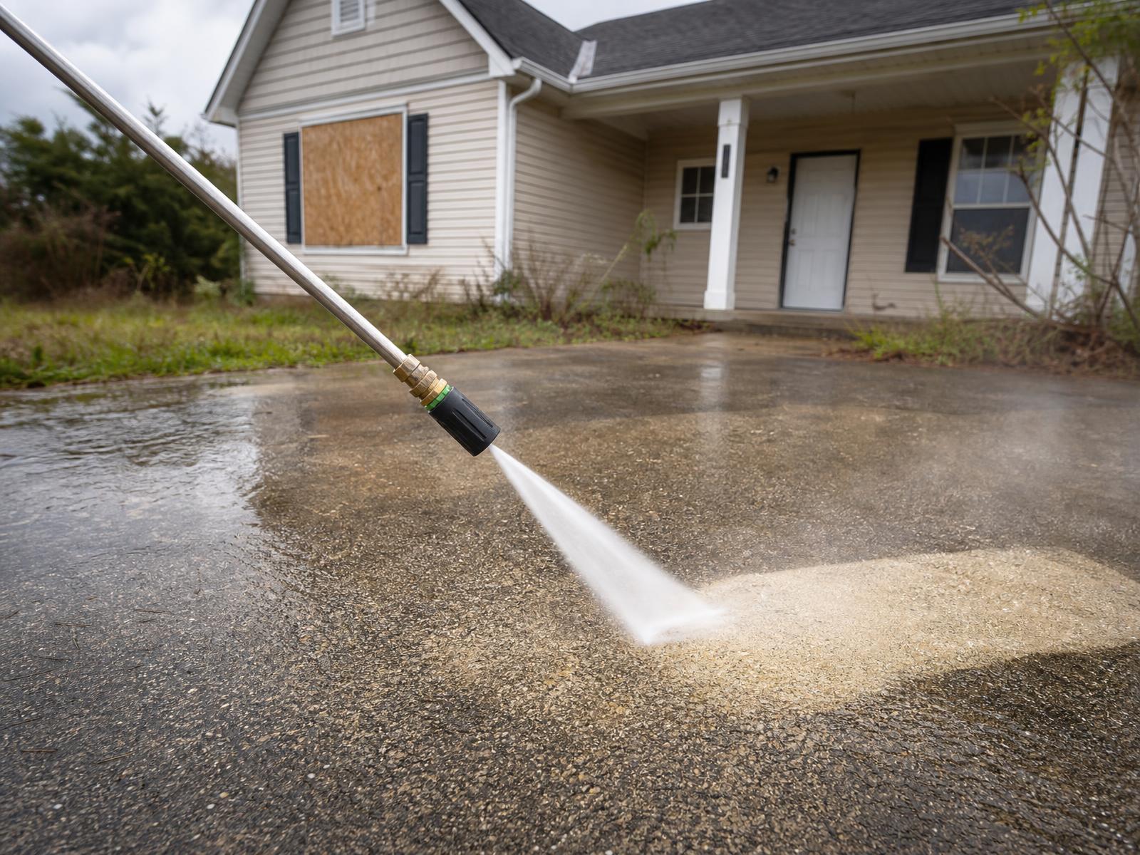 Gas pressure washer spraying a vacant property driveway clean of stains and debris