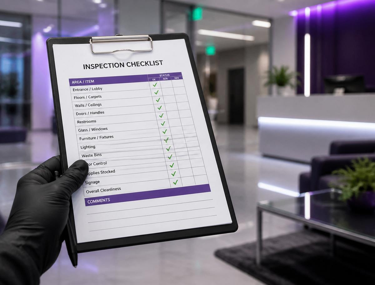 Gloved hand holding an inspection checklist in a modern office lobby