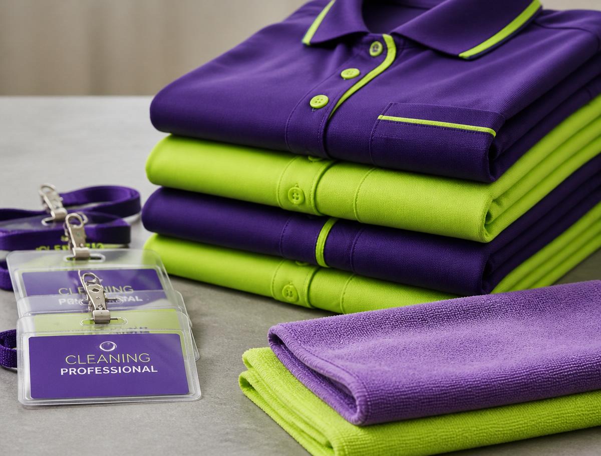 Folded purple and lime green professional cleaning uniforms with ID badges